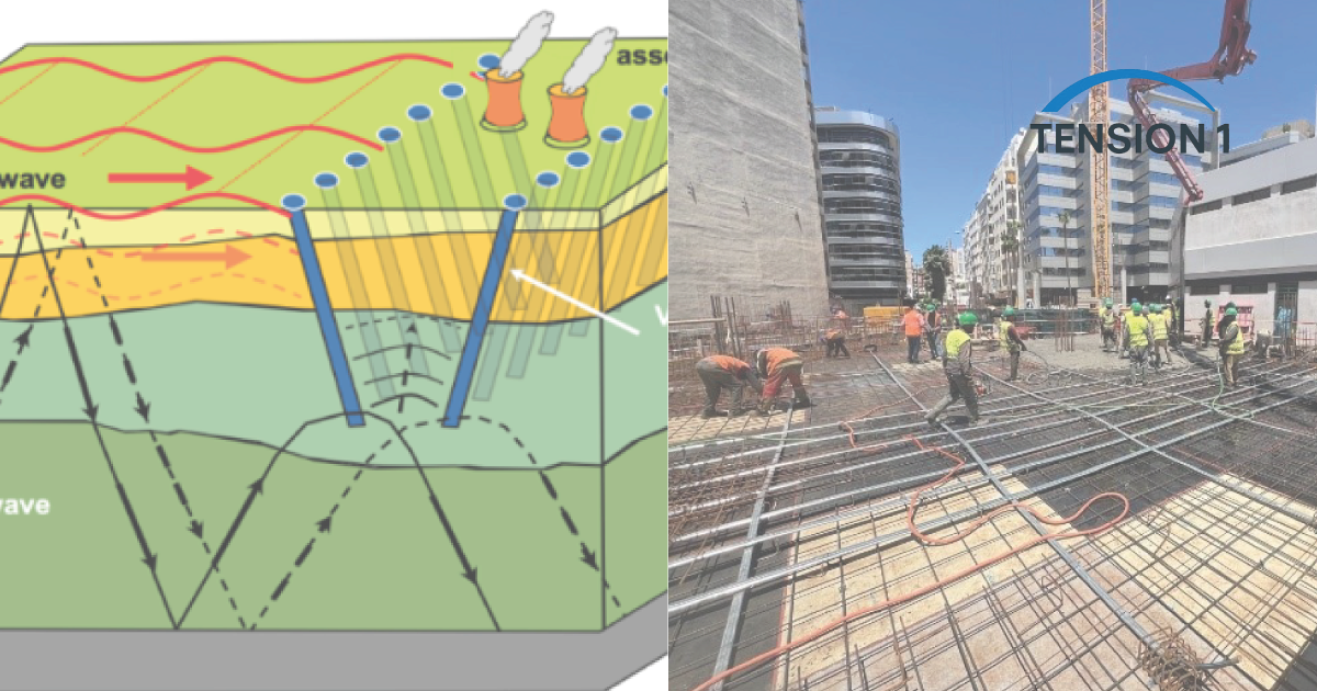 Cross-section diagram of seismic wave propagation next to a construction site where workers lay unbonded tendons for a post tension slab in a high-rise building.
